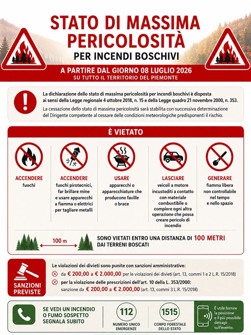 Dichiarazione dello stato di massima pericolosità incendi boschivi dal giorno 8 luglio 2026